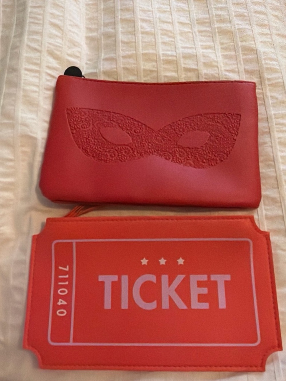 ipsy Red Embossed Mask Cosmetic Pouch & Ticket Wallet Set